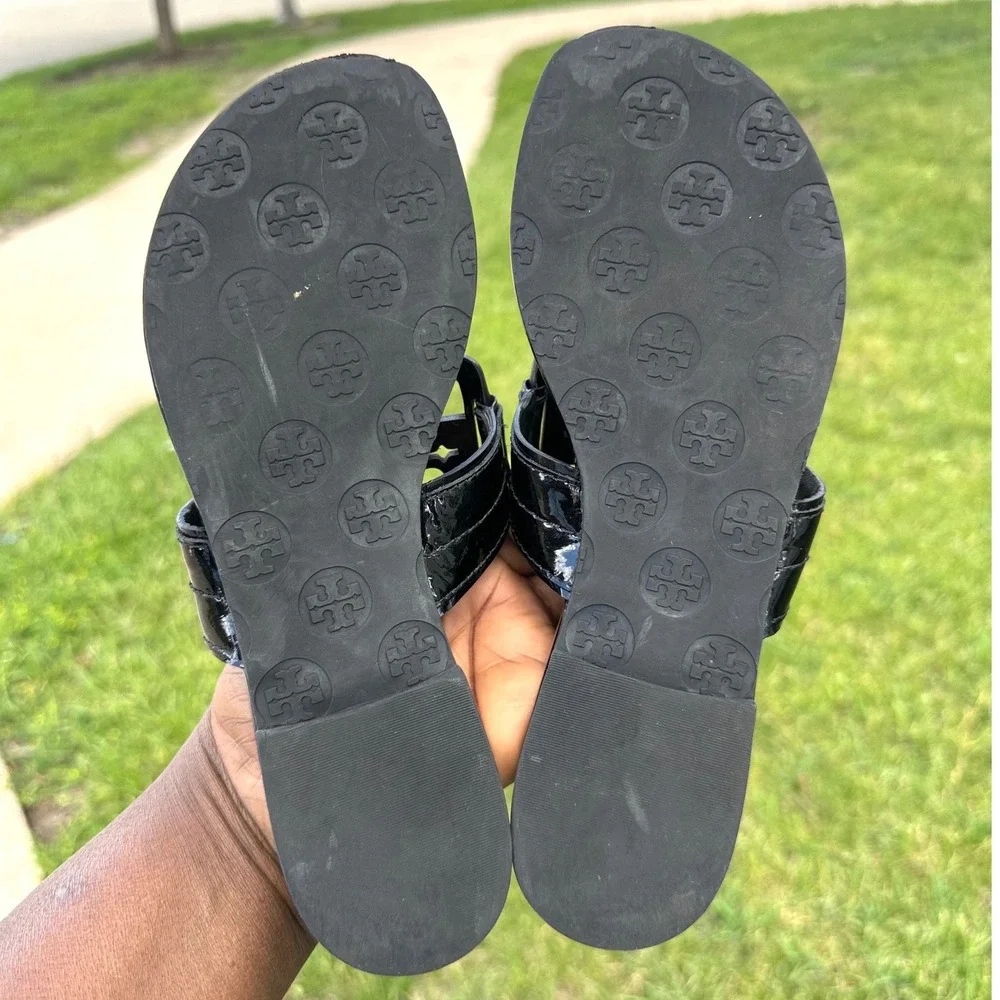 Tory Burch Miller Women's Patent Leather Logo Thong Sandals Slides Size 7 Black